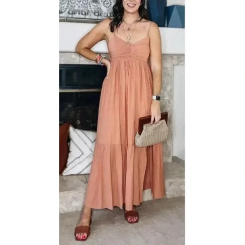 Abercrombie & Fitch Crinkle Maxi Dress Peach Rust Babydoll Seam Tiered w/Slit XL